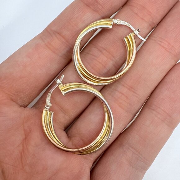 VTG Sterling Silver 925 Tri Tone Triple Hoop Earrings Hinged Post 1.25" Diameter - Picture 6 of 9